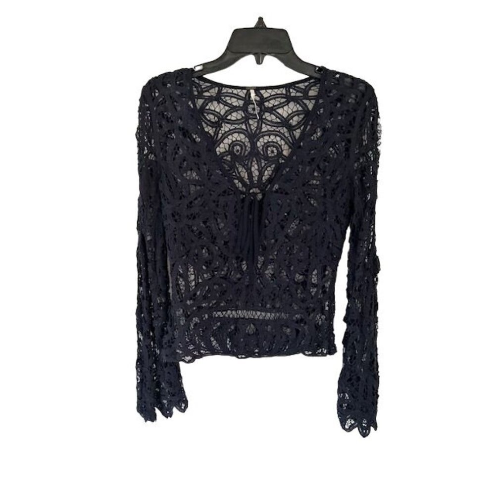 Free People Navy Crochet Lace Blouse Long Sleeves Size XSmall/P